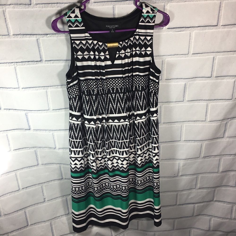 Women’s Perceptions Striped Geometric Sleeveless Dress Size 8 Black Green